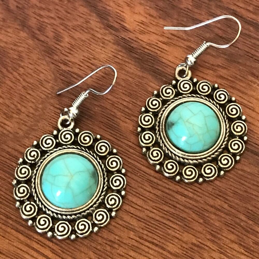 Faux turquoise silver tone dangle / drop earrings - fashion jewelry